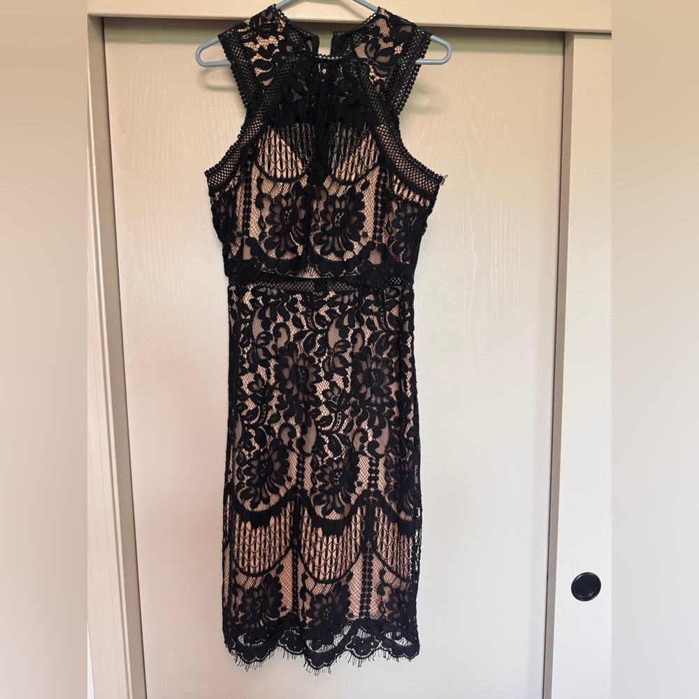 Lulu’s Black Lace Overlay Sheath Dress